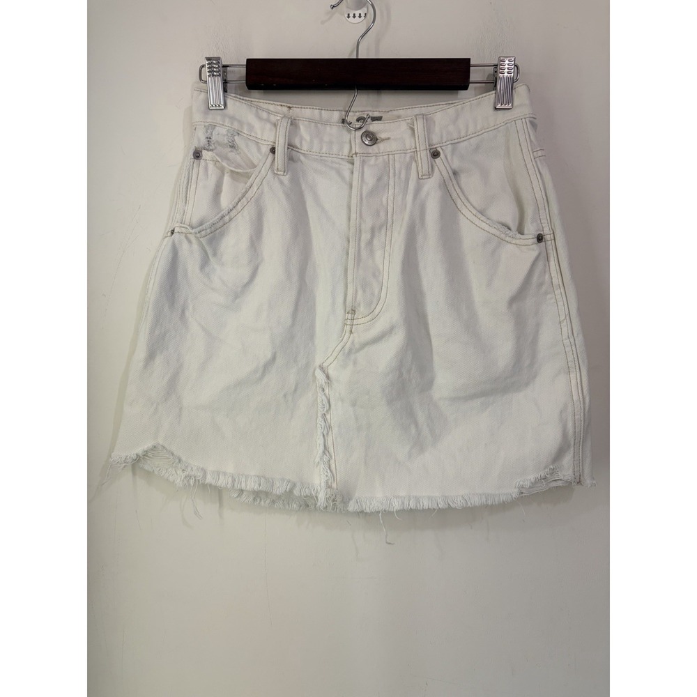 Free People We The Free Denim Mini Skirt Ivory Cream Distressed Frayed 27